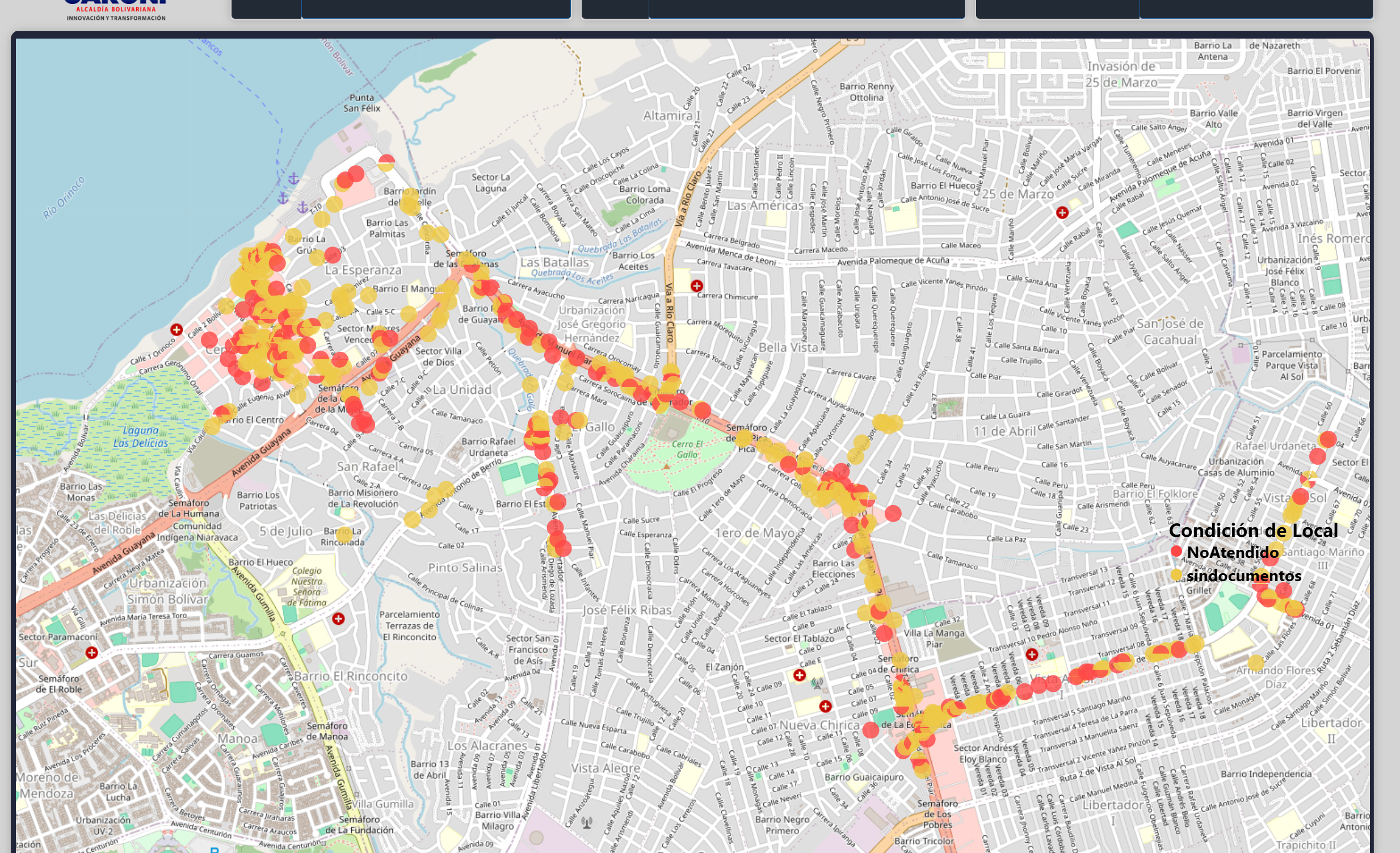 Capa satelital real: georreferenciación de locales y operadores sobre el mapa de la ciudad, con estado de cada punto